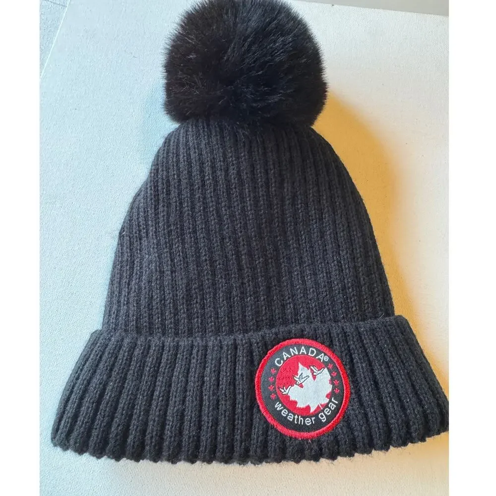 Canada Weather Gear Black Ribbed Pom Pom Beanie Faux Fur Lined Winter Hat
